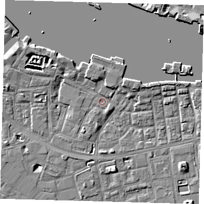 Shaded relief map of the ground around SE164EP, computed from Environment Agency LiDAR. The ground here sits at about 3 m above sea level and falls 7 m across the surrounding 800 m. Surface water reaching this point runs off ground lying to the north-west, 2.7 m higher.