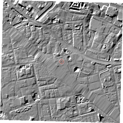 Shaded relief map of the ground around SE164ER, computed from Environment Agency LiDAR. The ground here sits at about 4 m above sea level and falls 7 m across the surrounding 800 m. The ground contributing surface water to this point lies to the east-north-east.