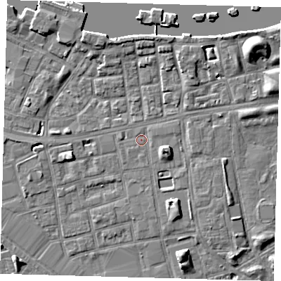 Shaded relief map of the ground around SE164ET, computed from Environment Agency LiDAR. The ground here sits at about 3 m above sea level and falls 9 m across the surrounding 800 m. Surface water reaching this point runs off ground lying to the east-south-east, 4.7 m higher.
