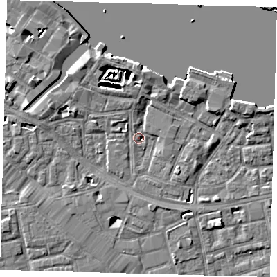 Shaded relief map of the ground around SE164EU, computed from Environment Agency LiDAR. The ground here sits at about 3 m above sea level and falls 7 m across the surrounding 800 m. Surface water reaching this point runs off ground lying to the west-south-west, 2.4 m higher.