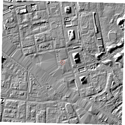 Shaded relief map of the ground around SE164FA, computed from Environment Agency LiDAR. The ground here sits at about 2 m above sea level and falls 7 m across the surrounding 800 m. Surface water reaching this point runs off ground lying to the north-north-east, 5.5 m higher.