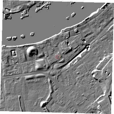 Shaded relief map of the ground around SE164HL, computed from Environment Agency LiDAR. The ground here sits at about 4 m above sea level and falls 19 m across the surrounding 800 m. Surface water reaching this point runs off ground lying to the north-west, 0.7 m higher.