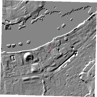 Shaded relief map of the ground around SE164HT, computed from Environment Agency LiDAR. The ground here sits at about 4 m above sea level and falls 19 m across the surrounding 800 m. Surface water reaching this point runs off ground lying to the north-north-east, 2.0 m higher.