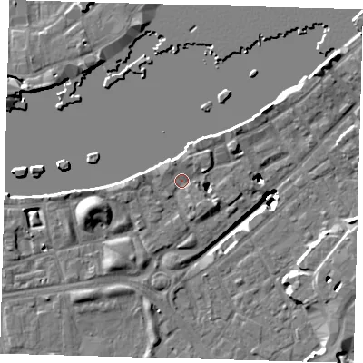 Shaded relief map of the ground around SE164HW, computed from Environment Agency LiDAR. The ground here sits at about 3 m above sea level and falls 19 m across the surrounding 800 m. Surface water reaching this point runs off ground lying to the north-north-west, 2.1 m higher.
