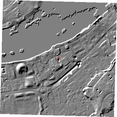 Shaded relief map of the ground around SE164HZ, computed from Environment Agency LiDAR. The ground here sits at about 3 m above sea level and falls 19 m across the surrounding 800 m. Surface water reaching this point runs off ground lying to the north-north-east, 3.2 m higher.