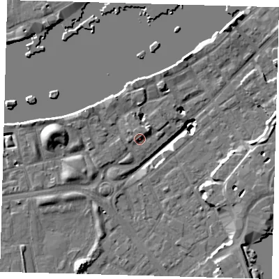 Shaded relief map of the ground around SE164JA, computed from Environment Agency LiDAR. The ground here sits at about 3 m above sea level and falls 19 m across the surrounding 800 m. Surface water reaching this point runs off ground lying to the north-east, 2.0 m higher.
