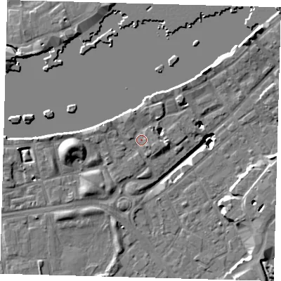 Shaded relief map of the ground around SE164JB, computed from Environment Agency LiDAR. The ground here sits at about 3 m above sea level and falls 19 m across the surrounding 800 m. Surface water reaching this point runs off ground lying to the north-north-west, 2.5 m higher.