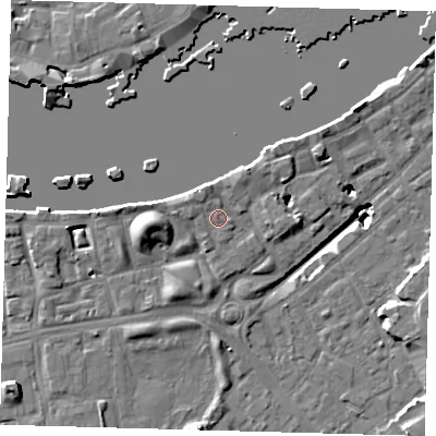 Shaded relief map of the ground around SE164JD, computed from Environment Agency LiDAR. The ground here sits at about 4 m above sea level and falls 19 m across the surrounding 800 m. Surface water reaching this point runs off ground lying to the north-north-west, 2.0 m higher.