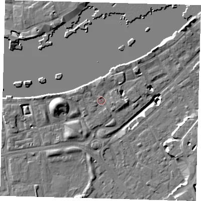 Shaded relief map of the ground around SE164JE, computed from Environment Agency LiDAR. The ground here sits at about 3 m above sea level and falls 19 m across the surrounding 800 m. Surface water reaching this point runs off ground lying to the north, 2.5 m higher.
