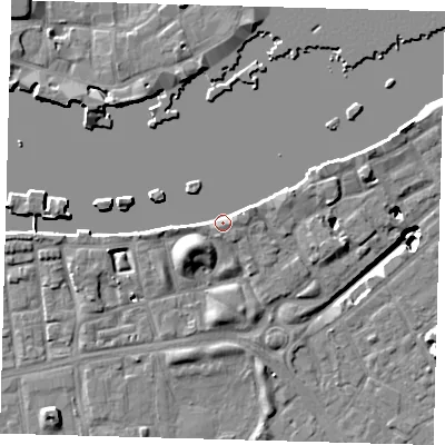 Shaded relief map of the ground around SE164JF, computed from Environment Agency LiDAR. The ground here sits at about 5 m above sea level and falls 19 m across the surrounding 800 m. Surface water reaching this point runs off ground lying to the east-north-east, 3.7 m higher.