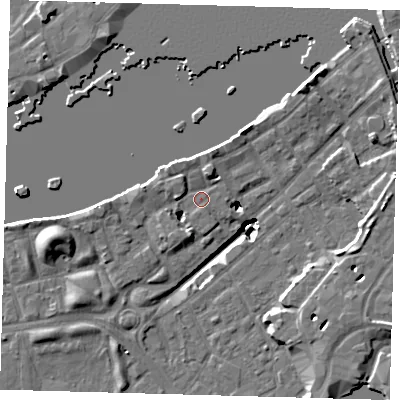 Shaded relief map of the ground around SE164JH, computed from Environment Agency LiDAR. The ground here sits at about 3 m above sea level and falls 19 m across the surrounding 800 m. Surface water reaching this point runs off ground lying to the north-north-east, 3.2 m higher.