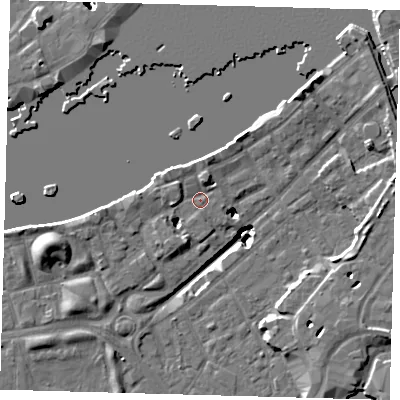Shaded relief map of the ground around SE164JJ, computed from Environment Agency LiDAR. The ground here sits at about 3 m above sea level and falls 22 m across the surrounding 800 m. Surface water reaching this point runs off ground lying to the north, 3.2 m higher.