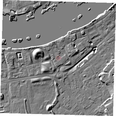 Shaded relief map of the ground around SE164JL, computed from Environment Agency LiDAR. The ground here sits at about 4 m above sea level and falls 19 m across the surrounding 800 m. Surface water reaching this point runs off ground lying to the north-west, 1.4 m higher.