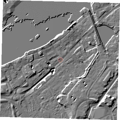 Shaded relief map of the ground around SE164JN, computed from Environment Agency LiDAR. The ground here sits at about 3 m above sea level and falls 22 m across the surrounding 800 m. Surface water reaching this point runs off ground lying to the east-north-east, 4.9 m higher.