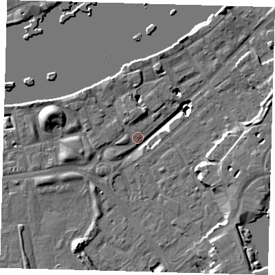 Shaded relief map of the ground around SE164JP, computed from Environment Agency LiDAR. The ground here sits at about 2 m above sea level and falls 19 m across the surrounding 800 m. Surface water reaching this point runs off ground lying to the west-north-west, 19.0 m higher.