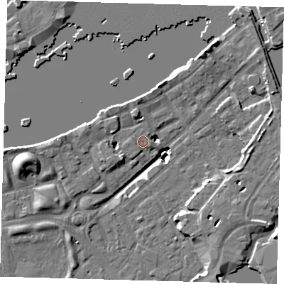 Shaded relief map of the ground around SE164JQ, computed from Environment Agency LiDAR. The ground here sits at about 3 m above sea level and falls 19 m across the surrounding 800 m. Surface water reaching this point runs off ground lying to the north, 3.2 m higher.