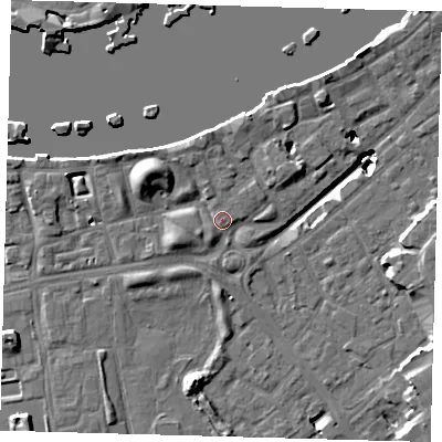 Shaded relief map of the ground around SE164JR, computed from Environment Agency LiDAR. The ground here sits at about 4 m above sea level and falls 19 m across the surrounding 800 m. Surface water reaching this point runs off ground lying to the west-north-west, 5.9 m higher.