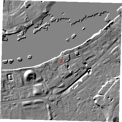 Shaded relief map of the ground around SE164JX, computed from Environment Agency LiDAR. The ground here sits at about 4 m above sea level and falls 19 m across the surrounding 800 m. Surface water reaching this point runs off ground lying to the east-north-east, 1.1 m higher.