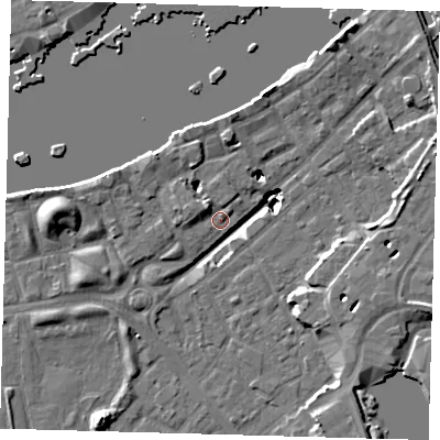 Shaded relief map of the ground around SE164LA, computed from Environment Agency LiDAR. The ground here sits at about 3 m above sea level and falls 19 m across the surrounding 800 m. Surface water reaching this point runs off ground lying to the west, 16.7 m higher.