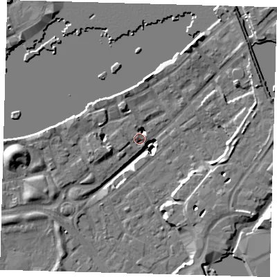 Shaded relief map of the ground around SE164LD, computed from Environment Agency LiDAR. The ground here sits at about 3 m above sea level and falls 19 m across the surrounding 800 m. Surface water reaching this point runs off ground lying to the west-south-west, 14.4 m higher.