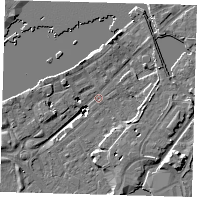 Shaded relief map of the ground around SE164LE, computed from Environment Agency LiDAR. The ground here sits at about 2 m above sea level and falls 20 m across the surrounding 800 m. Surface water reaching this point runs off ground lying to the east-north-east, 15.4 m higher.