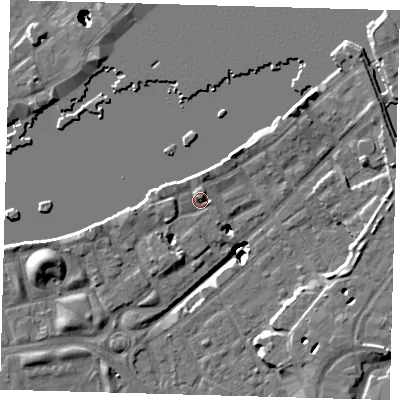 Shaded relief map of the ground around SE164LF, computed from Environment Agency LiDAR. The ground here sits at about 5 m above sea level and falls 22 m across the surrounding 800 m. Surface water reaching this point runs off ground lying to the north, 3.2 m higher.