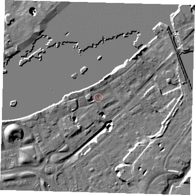 Shaded relief map of the ground around SE164LG, computed from Environment Agency LiDAR. The ground here sits at about 3 m above sea level and falls 22 m across the surrounding 800 m. Surface water reaching this point runs off ground lying to the north-west, 1.0 m higher.
