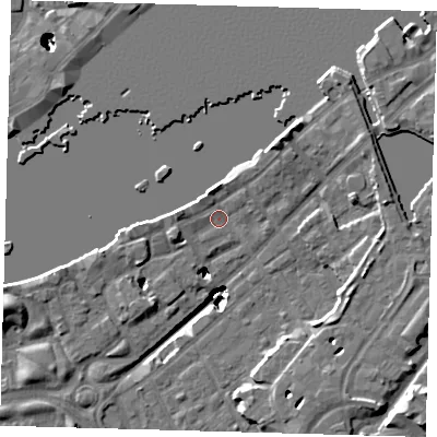 Shaded relief map of the ground around SE164LH, computed from Environment Agency LiDAR. The ground here sits at about 3 m above sea level and falls 22 m across the surrounding 800 m. Surface water reaching this point runs off ground lying to the west, 2.7 m higher.