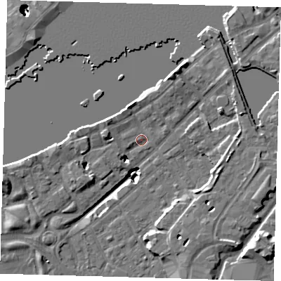 Shaded relief map of the ground around SE164LJ, computed from Environment Agency LiDAR. The ground here sits at about 3 m above sea level and falls 22 m across the surrounding 800 m. Surface water reaching this point runs off ground lying to the west-north-west, 3.2 m higher.
