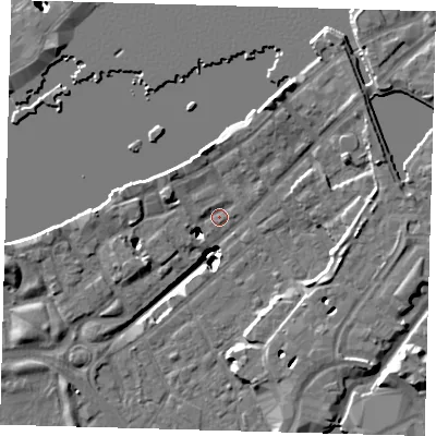 Shaded relief map of the ground around SE164LL, computed from Environment Agency LiDAR. The ground here sits at about 3 m above sea level and falls 22 m across the surrounding 800 m. Surface water reaching this point runs off ground lying to the north-west, 3.3 m higher.