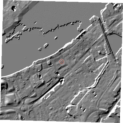 Shaded relief map of the ground around SE164LQ, computed from Environment Agency LiDAR. The ground here sits at about 3 m above sea level and falls 22 m across the surrounding 800 m. Surface water reaching this point runs off ground lying to the west-north-west, 2.7 m higher.