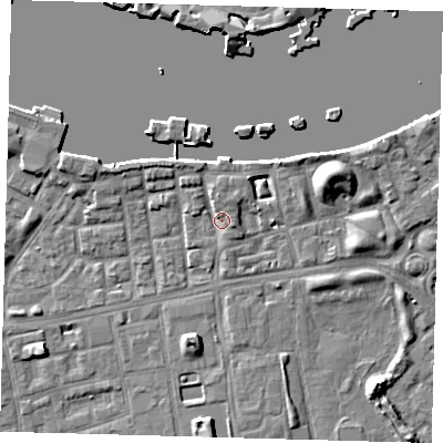 Shaded relief map of the ground around SE164LY, computed from Environment Agency LiDAR. The ground here sits at about 4 m above sea level and falls 7 m across the surrounding 800 m. Surface water reaching this point runs off ground lying to the north-north-east, 3.0 m higher.