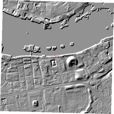 Shaded relief map of the ground around SE164NB, computed from Environment Agency LiDAR. The ground here sits at about 4 m above sea level and falls 9 m across the surrounding 800 m. Surface water reaching this point runs off ground lying to the east-north-east, 3.3 m higher.