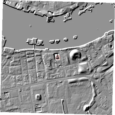 Shaded relief map of the ground around SE164ND, computed from Environment Agency LiDAR. The ground here sits at about 4 m above sea level and falls 8 m across the surrounding 800 m. Surface water reaching this point runs off ground lying to the north-west, 3.8 m higher.