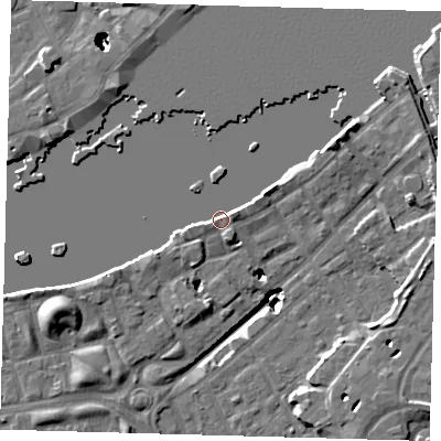 Shaded relief map of the ground around SE164NF, computed from Environment Agency LiDAR. The ground here sits at about 4 m above sea level and falls 22 m across the surrounding 800 m. Surface water reaching this point runs off ground lying to the north-east, 4.4 m higher.