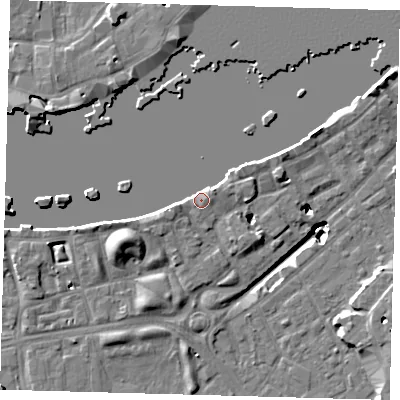 Shaded relief map of the ground around SE164NG, computed from Environment Agency LiDAR. The ground here sits at about 4 m above sea level and falls 19 m across the surrounding 800 m. Surface water reaching this point runs off ground lying to the east-north-east, 4.1 m higher.