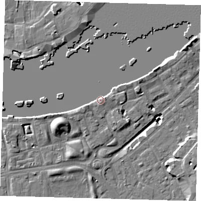 Shaded relief map of the ground around SE164NH, computed from Environment Agency LiDAR. The ground here sits at about 4 m above sea level and falls 22 m across the surrounding 800 m. Surface water reaching this point runs off ground lying to the east-north-east, 4.1 m higher.