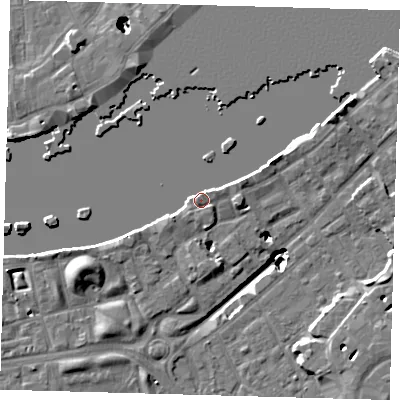 Shaded relief map of the ground around SE164NJ, computed from Environment Agency LiDAR. The ground here sits at about 4 m above sea level and falls 22 m across the surrounding 800 m. Surface water reaching this point runs off ground lying to the north-east, 4.4 m higher.