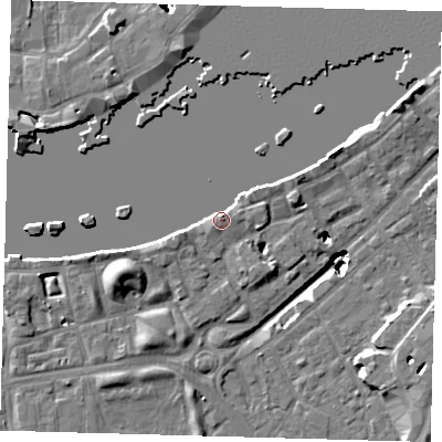 Shaded relief map of the ground around SE164NL, computed from Environment Agency LiDAR. The ground here sits at about 5 m above sea level and falls 22 m across the surrounding 800 m. Surface water reaching this point runs off ground lying to the north-east, 4.1 m higher.