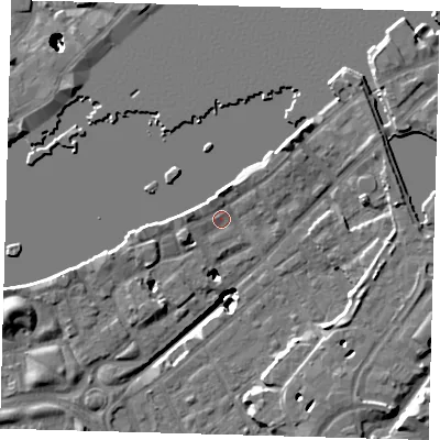 Shaded relief map of the ground around SE164NQ, computed from Environment Agency LiDAR. The ground here sits at about 4 m above sea level and falls 22 m across the surrounding 800 m. Surface water reaching this point runs off ground lying to the west, 2.4 m higher.
