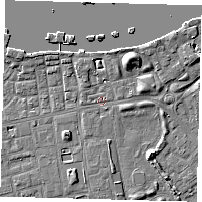 Shaded relief map of the ground around SE164NU, computed from Environment Agency LiDAR. The ground here sits at about 3 m above sea level and falls 9 m across the surrounding 800 m. Surface water reaching this point runs off ground lying to the north-north-west, 3.8 m higher.