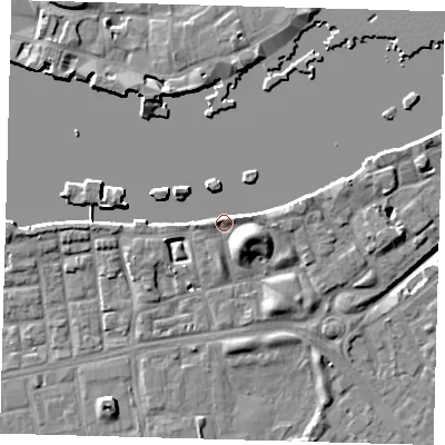Shaded relief map of the ground around SE164NW, computed from Environment Agency LiDAR. The ground here sits at about 5 m above sea level and falls 11 m across the surrounding 800 m. Surface water reaching this point runs off ground lying to the east-north-east, 3.6 m higher.
