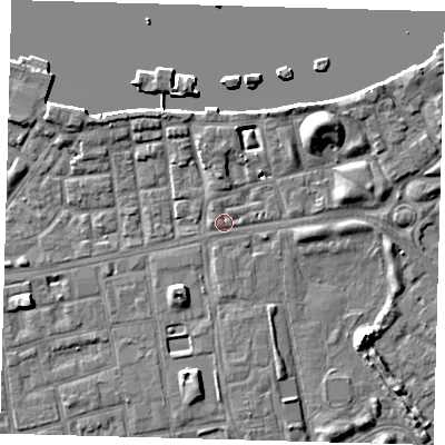 Shaded relief map of the ground around SE164NX, computed from Environment Agency LiDAR. The ground here sits at about 4 m above sea level and falls 7 m across the surrounding 800 m. Surface water reaching this point runs off ground lying to the north-west, 1.4 m higher.