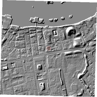 Shaded relief map of the ground around SE164NY, computed from Environment Agency LiDAR. The ground here sits at about 4 m above sea level and falls 7 m across the surrounding 800 m. Surface water reaching this point runs off ground lying to the north, 3.0 m higher.