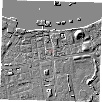 Shaded relief map of the ground around SE164NZ, computed from Environment Agency LiDAR. The ground here sits at about 3 m above sea level and falls 9 m across the surrounding 800 m. Surface water reaching this point runs off ground lying to the north-north-east, 3.0 m higher.