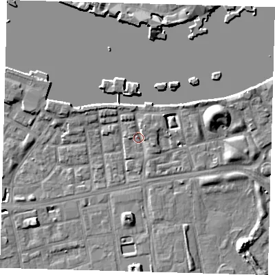 Shaded relief map of the ground around SE164PA, computed from Environment Agency LiDAR. The ground here sits at about 4 m above sea level and falls 9 m across the surrounding 800 m. Surface water reaching this point runs off ground lying to the north-east, 3.0 m higher.