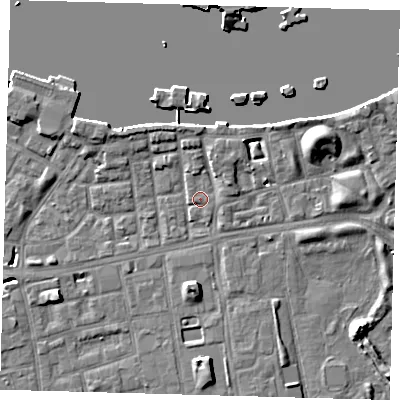 Shaded relief map of the ground around SE164PB, computed from Environment Agency LiDAR. The ground here sits at about 4 m above sea level and falls 9 m across the surrounding 800 m. Surface water reaching this point runs off ground lying to the west-south-west, 1.0 m higher.