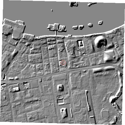Shaded relief map of the ground around SE164PD, computed from Environment Agency LiDAR. The ground here sits at about 3 m above sea level and falls 9 m across the surrounding 800 m. Surface water reaching this point runs off ground lying to the north-north-east, 3.4 m higher.