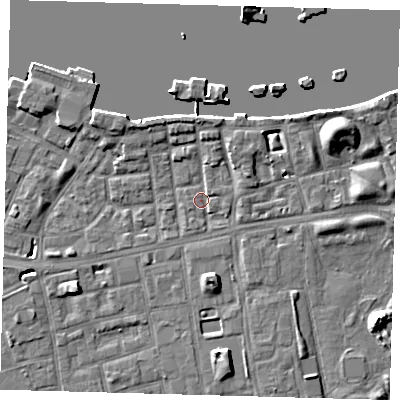 Shaded relief map of the ground around SE164PE, computed from Environment Agency LiDAR. The ground here sits at about 3 m above sea level and falls 9 m across the surrounding 800 m. Surface water reaching this point runs off ground lying to the south, 4.9 m higher.