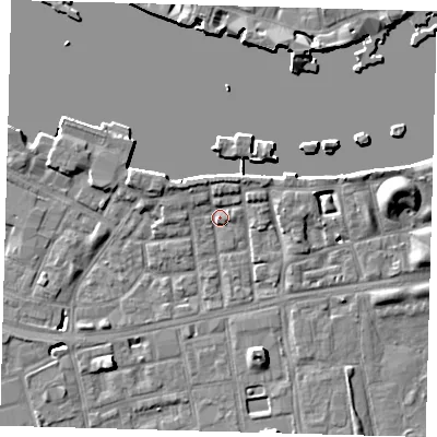 Shaded relief map of the ground around SE164PH, computed from Environment Agency LiDAR. The ground here sits at about 4 m above sea level and falls 9 m across the surrounding 800 m. Surface water reaching this point runs off ground lying to the north-west, 5.8 m higher.